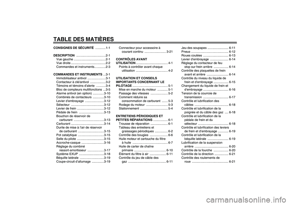 YAMAHA XV1900A 2007  Notices Demploi (in French) TABLE DES MATIÈRESCONSIGNES DE SÉCURITÉ ............1-1
DESCRIPTION ..................................2-1
Vue gauche .....................................2-1
Vue droite ............................