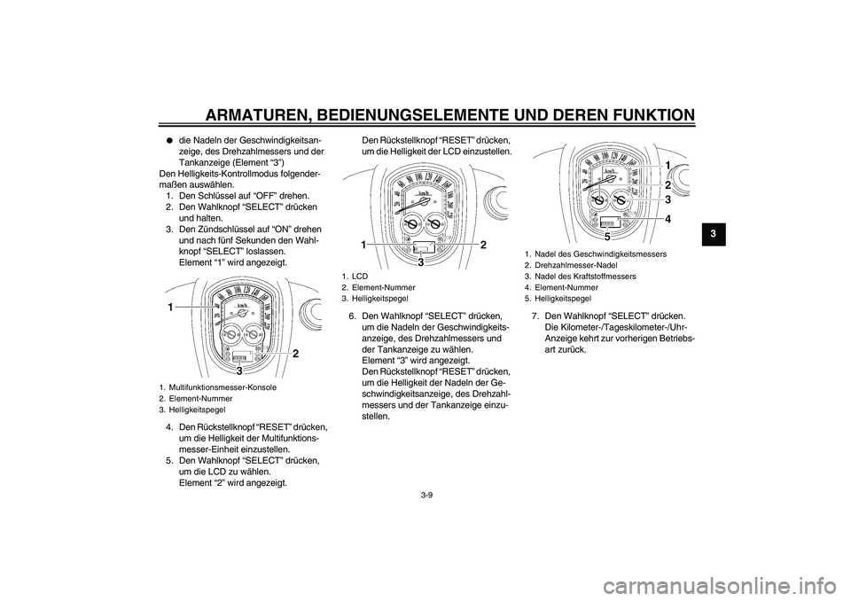 YAMAHA XV1900A 2006  Betriebsanleitungen (in German) ARMATUREN, BEDIENUNGSELEMENTE UND DEREN FUNKTION
3-9
3

die Nadeln der Geschwindigkeitsan-
zeige, des Drehzahlmessers und der 
Tankanzeige (Element “3”)
Den Helligkeits-Kontrollmodus folgender-
m
