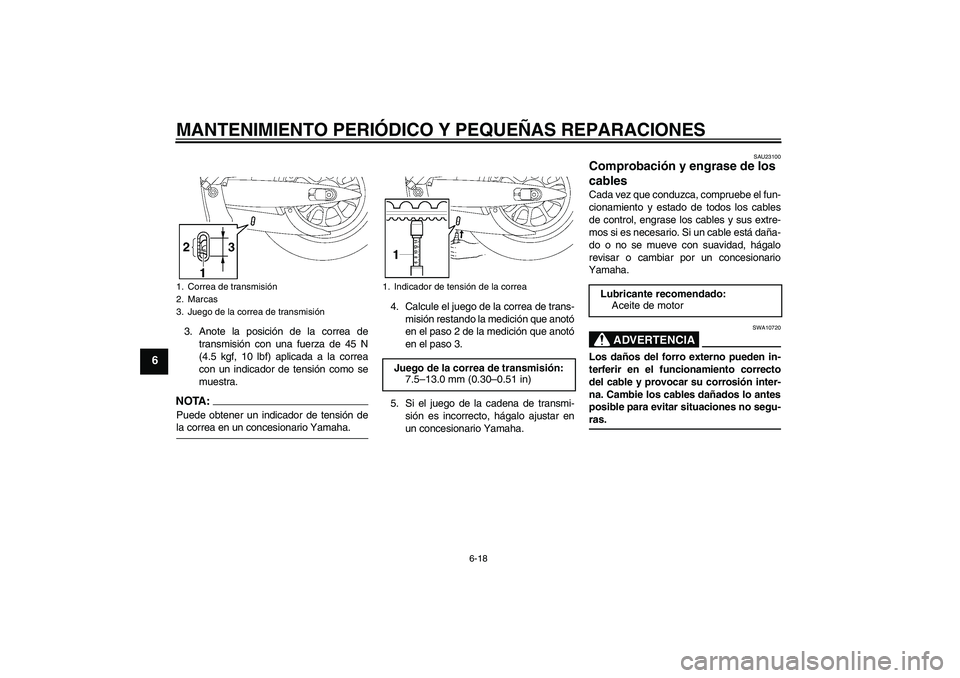 YAMAHA XV1900A 2006  Manuale de Empleo (in Spanish) MANTENIMIENTO PERIÓDICO Y PEQUEÑAS REPARACIONES
6-18
6
3. Anote la posición de la correa de
transmisión con una fuerza de 45 N
(4.5 kgf, 10 lbf) aplicada a la correa
con un indicador de tensión c