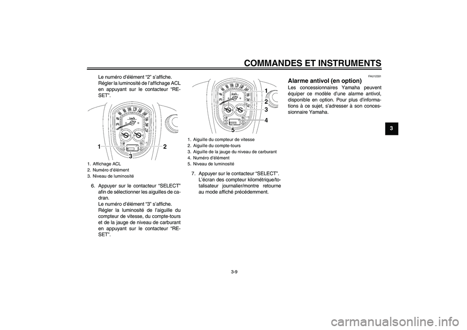 YAMAHA XV1900A 2006  Notices Demploi (in French) COMMANDES ET INSTRUMENTS
3-9
3
Le numéro d’élément “2” s’affiche.
Régler la luminosité de l’affichage ACL
en appuyant sur le contacteur “RE-
SET”.
6. Appuyer sur le contacteur “SE