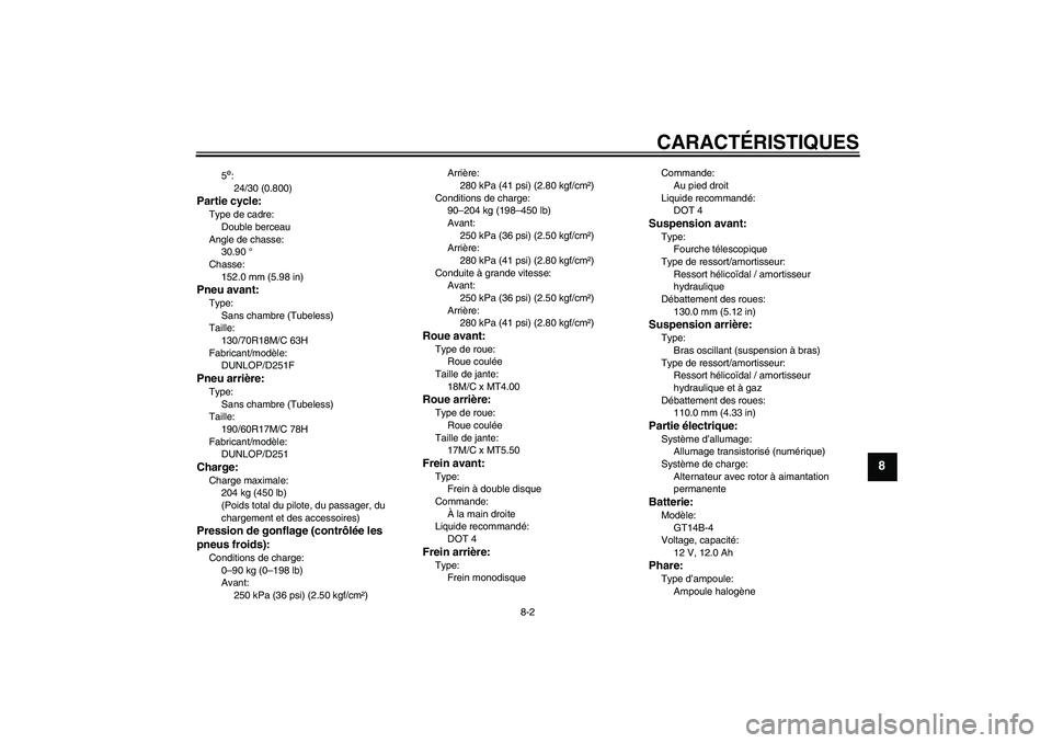 YAMAHA XV1900A 2006  Notices Demploi (in French) CARACTÉRISTIQUES
8-2
8
5e:
24/30 (0.800)
Partie cycle:Type de cadre:
Double berceau
Angle de chasse:
30.90 °
Chasse:
152.0 mm (5.98 in)Pneu avant:Type:
Sans chambre (Tubeless)
Taille:
130/70R18M/C 6