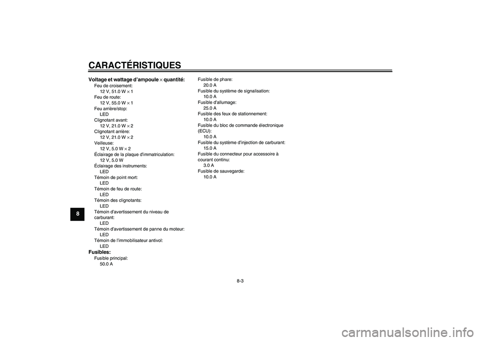 YAMAHA XV1900A 2006  Notices Demploi (in French) CARACTÉRISTIQUES
8-3
8
Voltage et wattage d’ampoule × quantité:Feu de croisement:
12 V, 51.0 W × 1
Feu de route:
12 V, 55.0 W × 1
Feu arrière/stop:
LED
Clignotant avant:
12 V, 21.0 W × 2
Clig