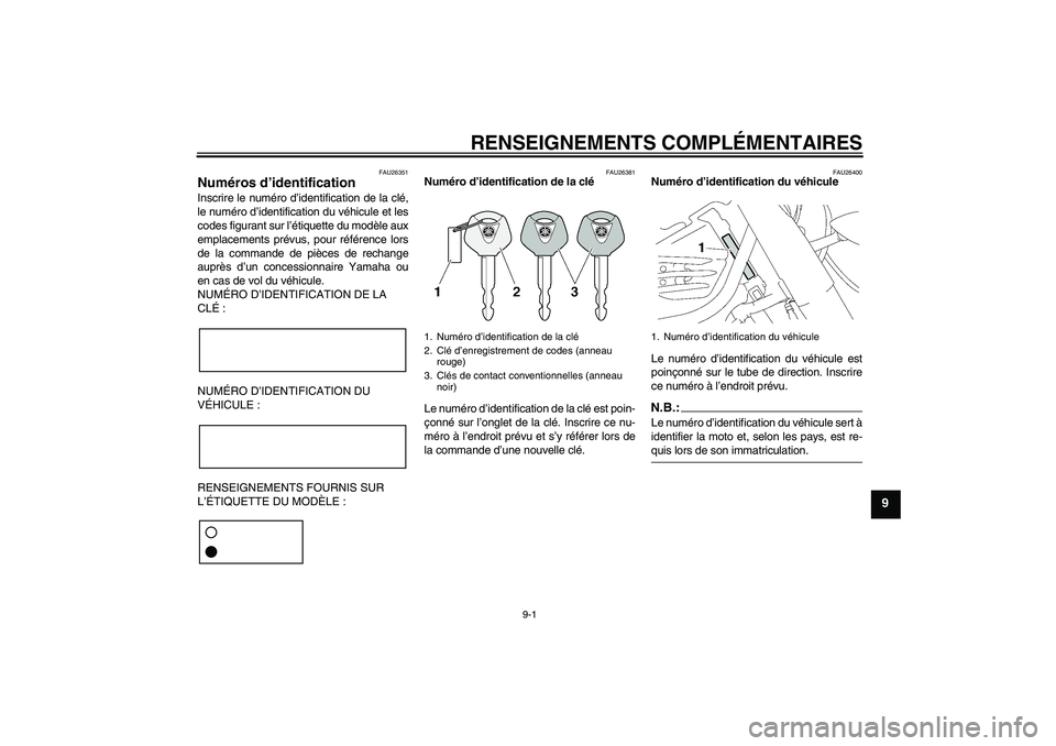 YAMAHA XV1900A 2006  Notices Demploi (in French) RENSEIGNEMENTS COMPLÉMENTAIRES
9-1
9
FAU26351
Numéros d’identification Inscrire le numéro d’identification de la clé,
le numéro d’identification du véhicule et les
codes figurant sur l’