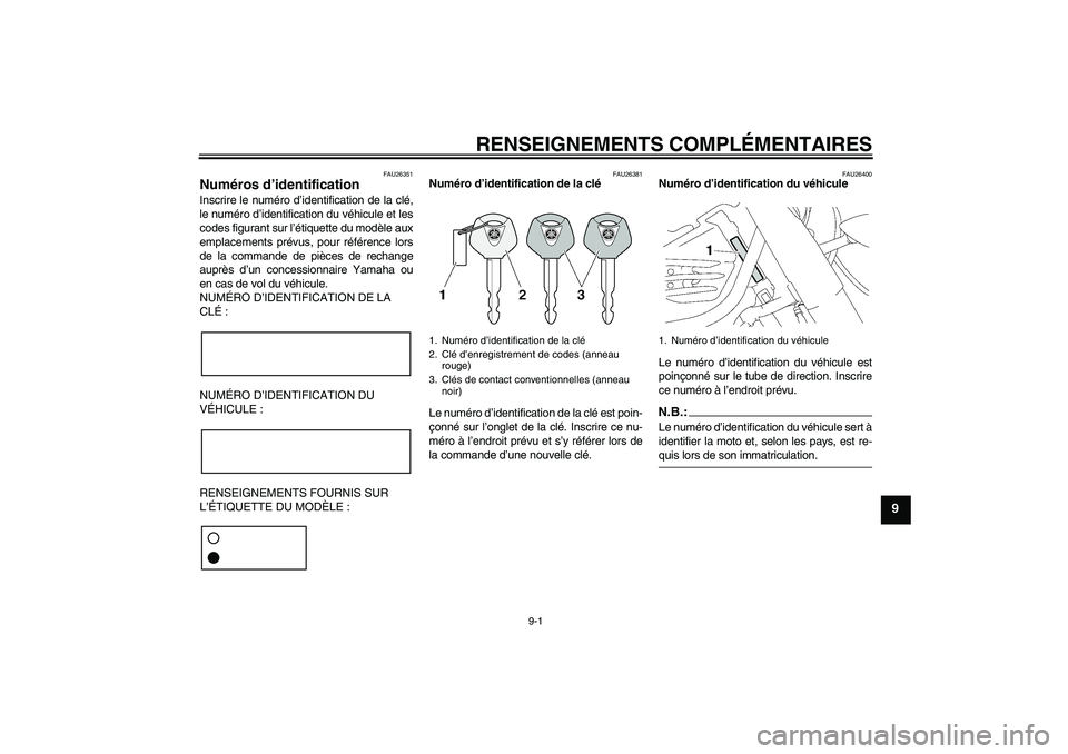 YAMAHA XV1900A 2006  Notices Demploi (in French) RENSEIGNEMENTS COMPLÉMENTAIRES
9-1
9
FAU26351
Numéros d’identification Inscrire le numéro d’identification de la clé,
le numéro d’identification du véhicule et les
codes figurant sur l’�