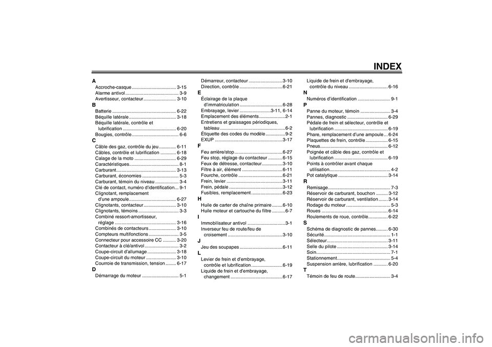 YAMAHA XV1900A 2006  Notices Demploi (in French) INDEX
AAccroche-casque .................................. 3-15
Alarme antivol ......................................... 3-9
Avertisseur, contacteur ......................... 3-10BBatterie ............