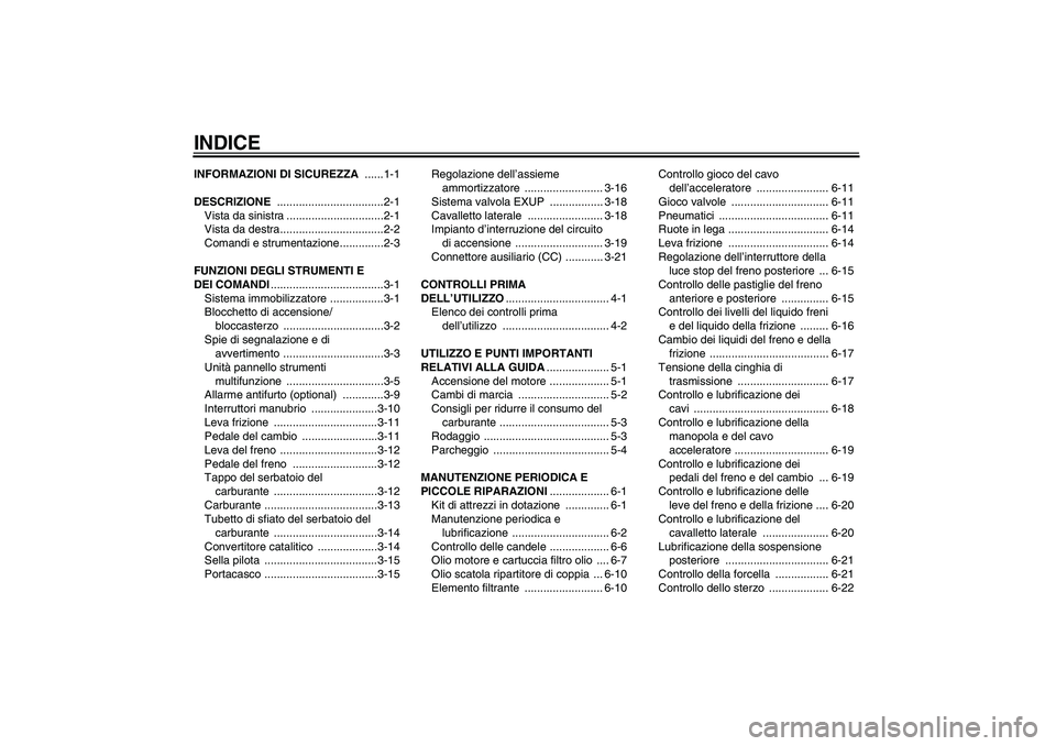 YAMAHA XV1900A 2006  Manuale duso (in Italian) INDICEINFORMAZIONI DI SICUREZZA ......1-1
DESCRIZIONE ..................................2-1
Vista da sinistra ...............................2-1
Vista da destra.................................2-2
Com