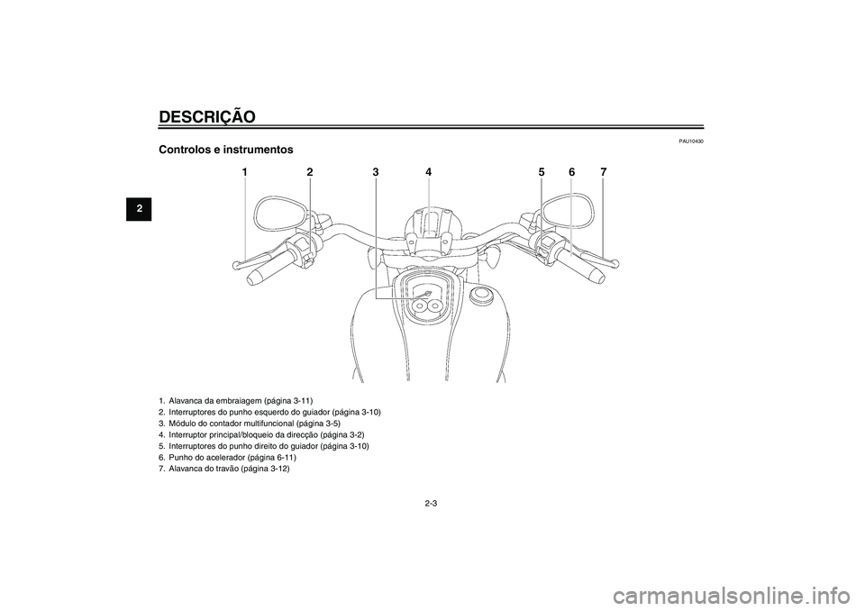 YAMAHA XV1900A 2006  Manual de utilização (in Portuguese) DESCRIÇÃO
2-3
2
PAU10430
Controlos e instrumentos1. Alavanca da embraiagem (página 3-11)
2. Interruptores do punho esquerdo do guiador (página 3-10)
3. Módulo do contador multifuncional (página 