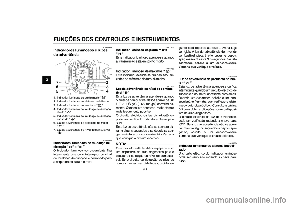 YAMAHA XV1900A 2006  Manual de utilização (in Portuguese) FUNÇÕES DOS CONTROLOS E INSTRUMENTOS
3-4
3
PAU11003
Indicadores luminosos e luzes 
de advertência 
PAU11030
Indicadores luminosos de mudança de 
direcção “” e “” 
O indicador luminoso co