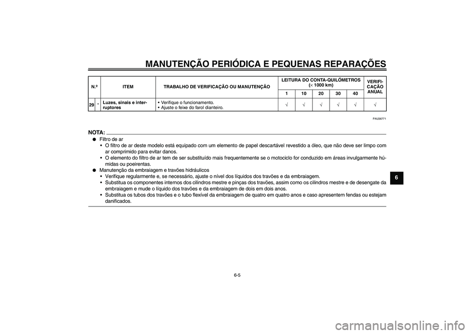 YAMAHA XV1900A 2006  Manual de utilização (in Portuguese) MANUTENÇÃO PERIÓDICA E PEQUENAS REPARAÇÕES
6-5
6
PAU36771
NOTA :
Filtro de ar
O filtro de ar deste modelo está equipado com um elemento de papel descartável revestido a óleo, que não deve s
