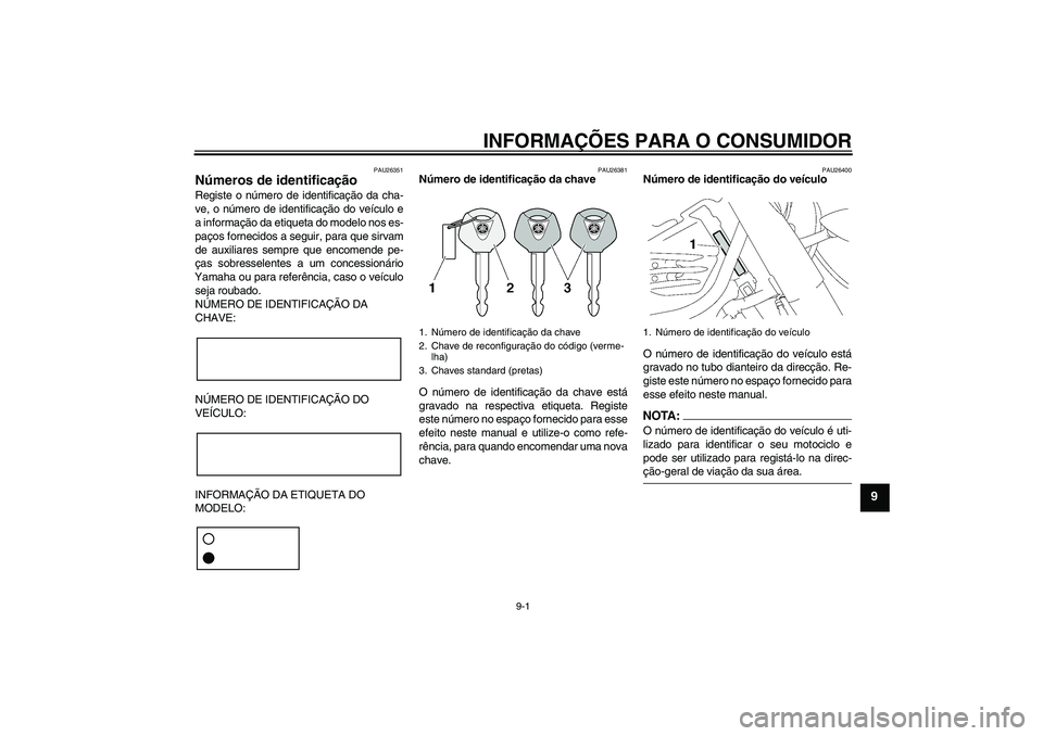YAMAHA XV1900A 2006 Manual de utilização (in Portuguese) INFORMAÇÕES PARA O CONSUMIDOR
9-1
9
PAU26351
Números de identificação Registe o número de identificação da cha-
ve, o número de identificação do veículo e
a informação da etiqueta do mod YAMAHA XV1900A 2006 Manual de utilização (in Portuguese) INFORMAÇÕES PARA O CONSUMIDOR
9-1
9
PAU26351
Números de identificação Registe o número de identificação da cha-
ve, o número de identificação do veículo e
a informação da etiqueta do mod