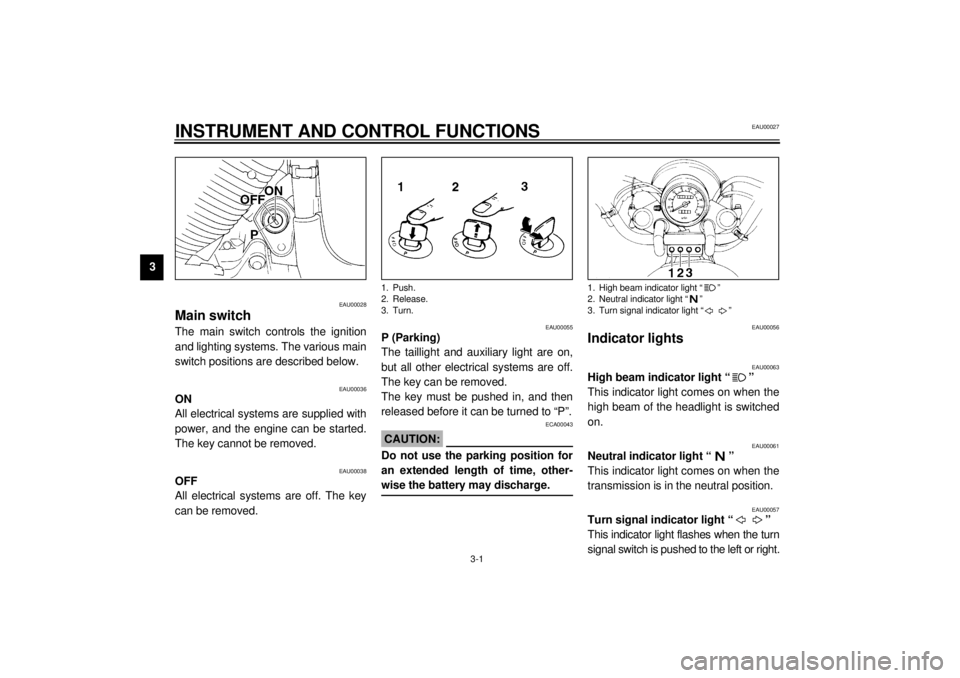 YAMAHA XV535 2001 User Guide 3-1
3
EAU00027
3-INSTRUMENT AND CONTROL FUNCTIONS
EAU00028
Main switch The main switch controls the ignition
and lighting systems. The various main
switch positions are described below.
EAU00036
ON
Al