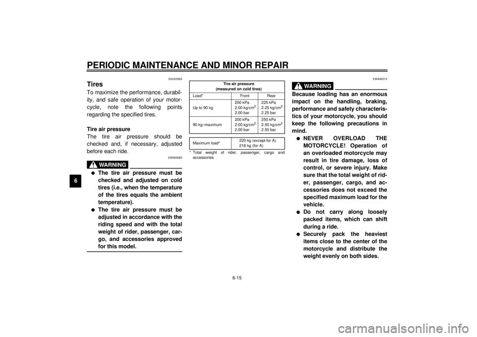 YAMAHA XV535 2001  Owners Manual PERIODIC MAINTENANCE AND MINOR REPAIR
6-15
6
EAU03362
Tires To maximize the performance, durabil-
ity, and safe operation of your motor-
cycle, note the following points
regarding the specified tires.