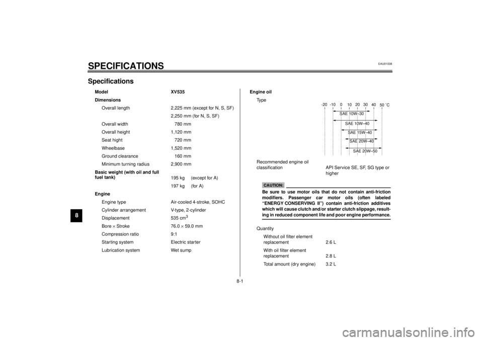 YAMAHA XV535 2001  Owners Manual 8-1
8
EAU01038
8-SPECIFICATIONSSpecificationsCS-01E
Model XV535
Dimensions
Overall length 2,225 mm (except for N, S, SF)
2,250 mm (for N, S, SF)
Overall width 780 mm
Overall height 1,120 mm
Seat hight