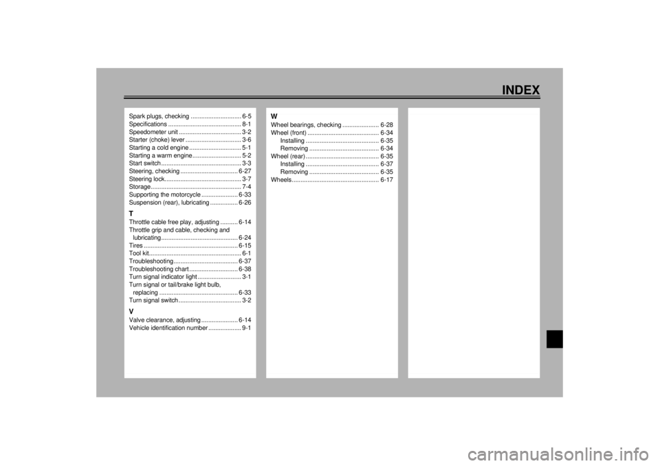 YAMAHA XV535 2001  Owners Manual INDEX
Spark plugs, checking ............................. 6-5
Specifications .......................................... 8-1
Speedometer unit .................................... 3-2
Starter (choke) le