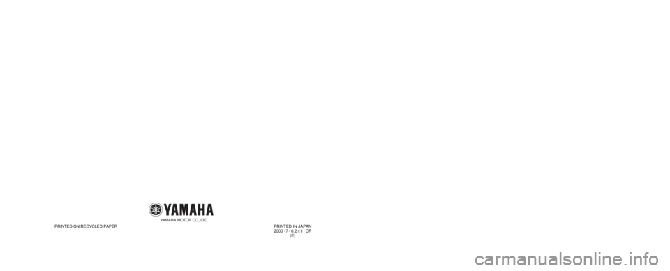 YAMAHA XV535 2001 Owners Manual 3BT-28199-E7
OWNER’S MANUAL
XV535
PRINTED IN JAPAN
2000 · 7 - 0.2 ´ 1 CR
(E) PRINTED ON RECYCLED PAPER
YAMAHA MOTOR CO., LTD. YAMAHA XV535 2001 Owners Manual 3BT-28199-E7
OWNER’S MANUAL
XV535
PRINTED IN JAPAN
2000 · 7 - 0.2 ´ 1 CR
(E) PRINTED ON RECYCLED PAPER
YAMAHA MOTOR CO., LTD.