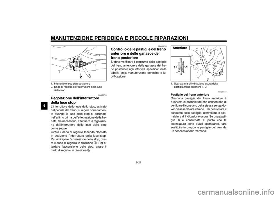 YAMAHA XV535 2001  Manuale duso (in Italian) MANUTENZIONE PERIODICA E PICCOLE RIPARAZIONI
6-21
6
HAU00713
Regolazione dell’interruttore 
della luce stop L’interruttore dello luce dello stop, attivato
dal pedale del freno, si regola correttam