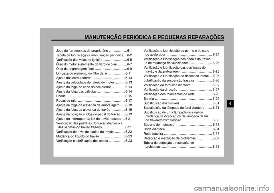 YAMAHA XV535 2001 Manual de utilização (in Portuguese) MANUTENÇÃO PERIÓDICA E PEQUENAS REPARAÇÕES
6
Jogo de ferramentas do proprietário .................... 6-1
Tabela de lubrificação e manutenção periódica ... 6-2
Verificação das velas de ig YAMAHA XV535 2001 Manual de utilização (in Portuguese) MANUTENÇÃO PERIÓDICA E PEQUENAS REPARAÇÕES
6
Jogo de ferramentas do proprietário .................... 6-1
Tabela de lubrificação e manutenção periódica ... 6-2
Verificação das velas de ig