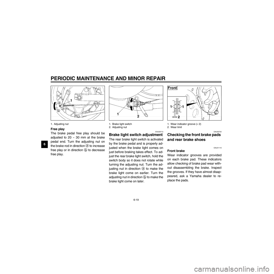 YAMAHA XV535 2000 Workshop Manual L
6-19
PERIODIC MAINTENANCE AND MINOR REPAIR
/Net/layout8/layout_G2/work/Imai_work/OM-PS/AA9149_XV535-E6/English/E-6.frame
1. Adjusting nut
Free play
The brake pedal free play should be
adjusted to 20