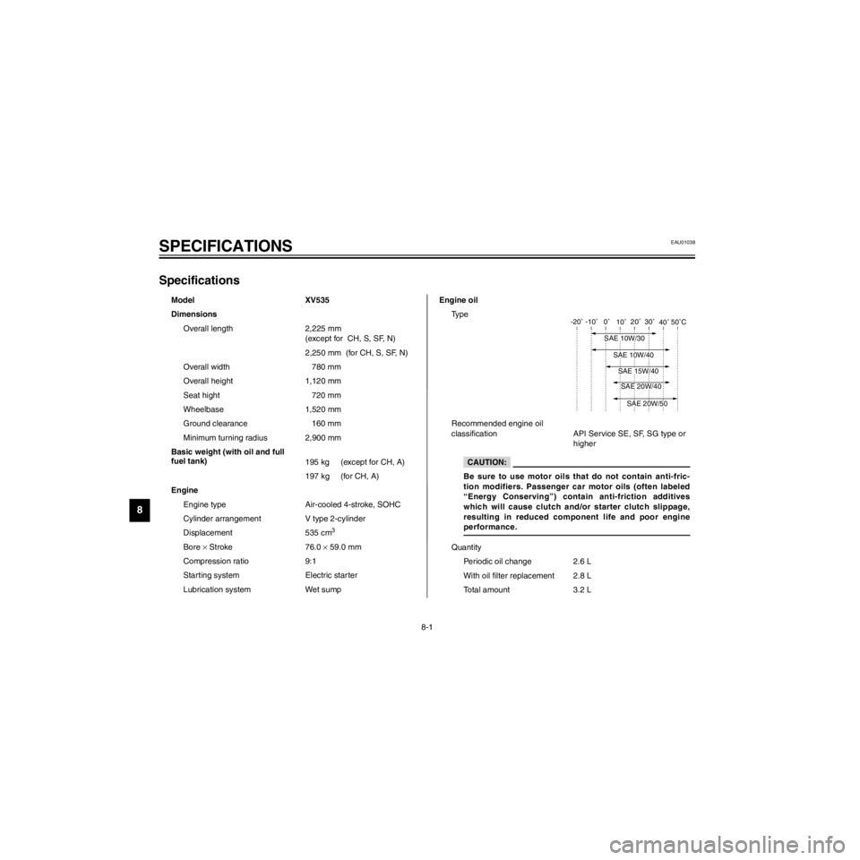 YAMAHA XV535 2000 Manual PDF L
8-1
SPECIFICATIONS
/Net/layout8/layout_G2/work/Imai_work/OM-PS/AA9149_XV535-E6/English/E-8.frame
Specifications
Model XV535
Dimensions
Overall length 2,225 mm
(except for CH, S, SF, N)
2,250 mm (fo YAMAHA XV535 2000 Manual PDF L
8-1
SPECIFICATIONS
/Net/layout8/layout_G2/work/Imai_work/OM-PS/AA9149_XV535-E6/English/E-8.frame
Specifications
Model XV535
Dimensions
Overall length 2,225 mm
(except for CH, S, SF, N)
2,250 mm (fo
