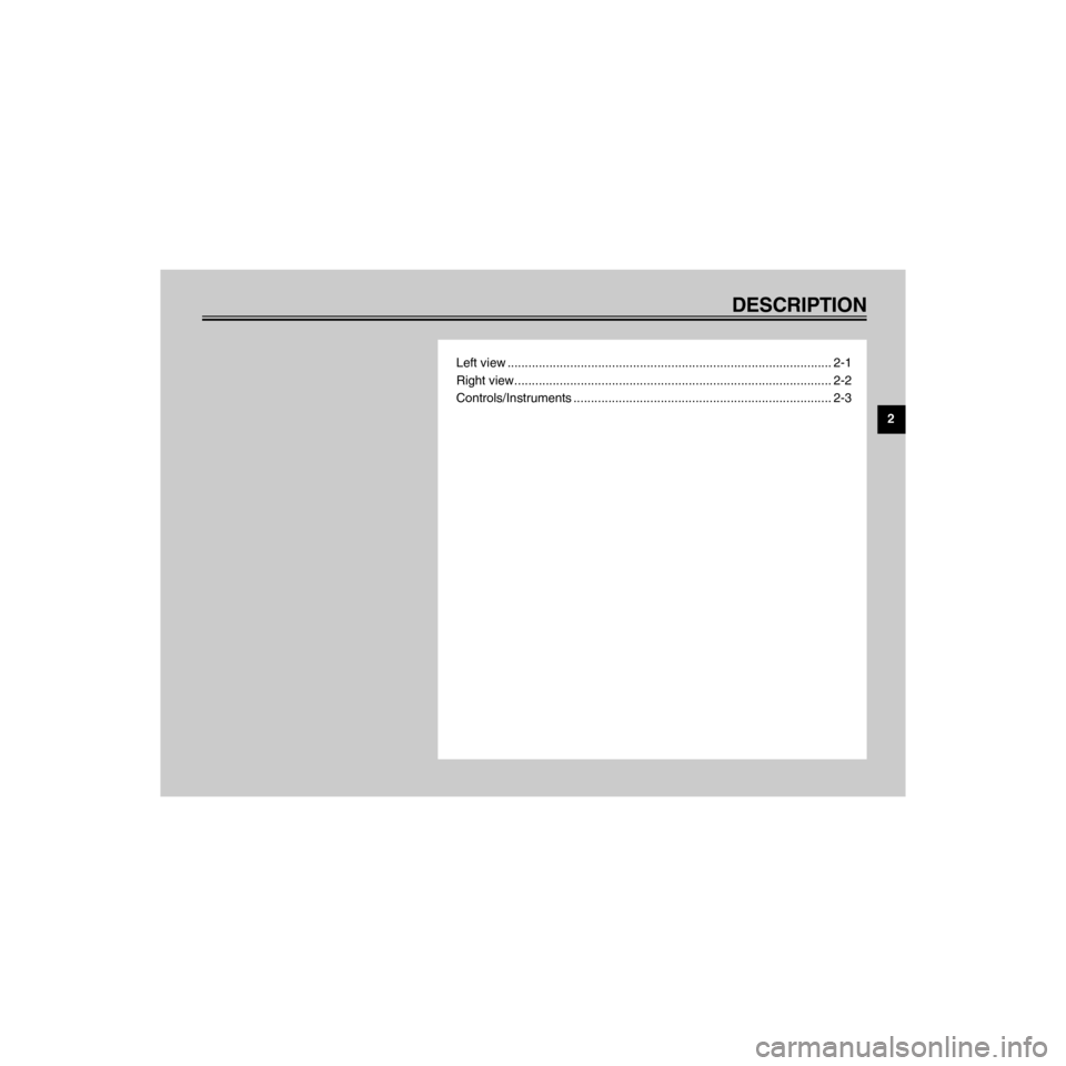 YAMAHA XV535 2000  Owners Manual R
DESCRIPTION
/Net/layout8/layout_G2/work/Imai_work/OM-PS/AA9149_XV535-E6/English/E-2TOC.frame
Left view ............................................................................................. 2
