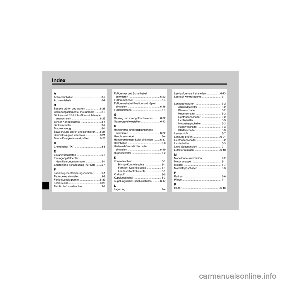 YAMAHA XV535 2000 Betriebsanleitungen (in German) L
Index
/Net/layout8/ForUsers_2/mac_user/Kayo/AA9151_XV535-G6/German/GGIX.frame
A
Abblendschalter ......................................3-2
Achsantriebsšl ........................................6-9
YAMAHA XV535 2000 Betriebsanleitungen (in German) L
Index
/Net/layout8/ForUsers_2/mac_user/Kayo/AA9151_XV535-G6/German/GGIX.frame
A
Abblendschalter ......................................3-2
Achsantriebsšl ........................................6-9