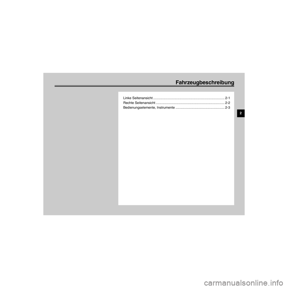 YAMAHA XV535 2000  Betriebsanleitungen (in German) R
Fahrzeugbeschreibung
/Net/layout8/ForUsers_2/mac_user/Kayo/AA9151_XV535-G6/German/G-2TOC.frame
Linke Seitenansicht ............................................................................ 2-1
Re