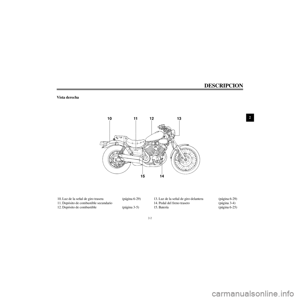 YAMAHA XV535 2000 Manuale de Empleo (in Spanish) R
2-2
DESCRIPCION
/home/Miwa/Miwa_data/01_YMC/OM/AA9153_XV535-S6/Spanish/S-2.frame
Vista derecha
10. Luz de la se–al de giro trasera (p‡gina 6-29)
11. Dep—sito de combustible secundario
12. Depâ YAMAHA XV535 2000 Manuale de Empleo (in Spanish) R
2-2
DESCRIPCION
/home/Miwa/Miwa_data/01_YMC/OM/AA9153_XV535-S6/Spanish/S-2.frame
Vista derecha
10. Luz de la se–al de giro trasera (p‡gina 6-29)
11. Dep—sito de combustible secundario
12. Depâ