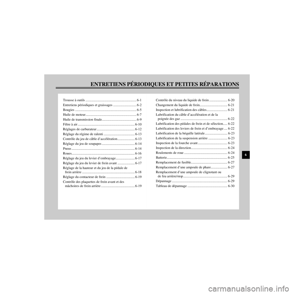 YAMAHA XV535 2000 Notices Demploi (in French) R
ENTRETIENS PƒRIODIQUES ET PETITES RƒPARATIONS
/Net/layout8/ForUsers_2/mac_user/Kayo/AA9150_XV535-F6/French/F-6TOC.frame
Trousse ˆ outils .......................................................... YAMAHA XV535 2000 Notices Demploi (in French) R
ENTRETIENS PƒRIODIQUES ET PETITES RƒPARATIONS
/Net/layout8/ForUsers_2/mac_user/Kayo/AA9150_XV535-F6/French/F-6TOC.frame
Trousse ˆ outils ..........................................................