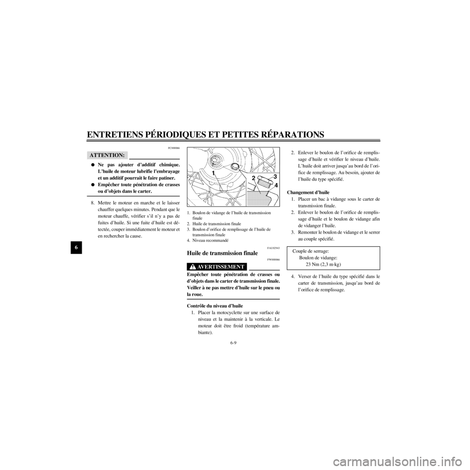 YAMAHA XV535 2000 Notices Demploi (in French) L
6-9
ENTRETIENS PƒRIODIQUES ET PETITES RƒPARATIONS
/Net/layout8/ForUsers_2/mac_user/Kayo/AA9150_XV535-F6/French/F-6.frame
FC000066
ATTENTION:
lNe pas ajouter dÕadditif chimique.
LÕhuile de moteur YAMAHA XV535 2000 Notices Demploi (in French) L
6-9
ENTRETIENS PƒRIODIQUES ET PETITES RƒPARATIONS
/Net/layout8/ForUsers_2/mac_user/Kayo/AA9150_XV535-F6/French/F-6.frame
FC000066
ATTENTION:
lNe pas ajouter dÕadditif chimique.
LÕhuile de moteur