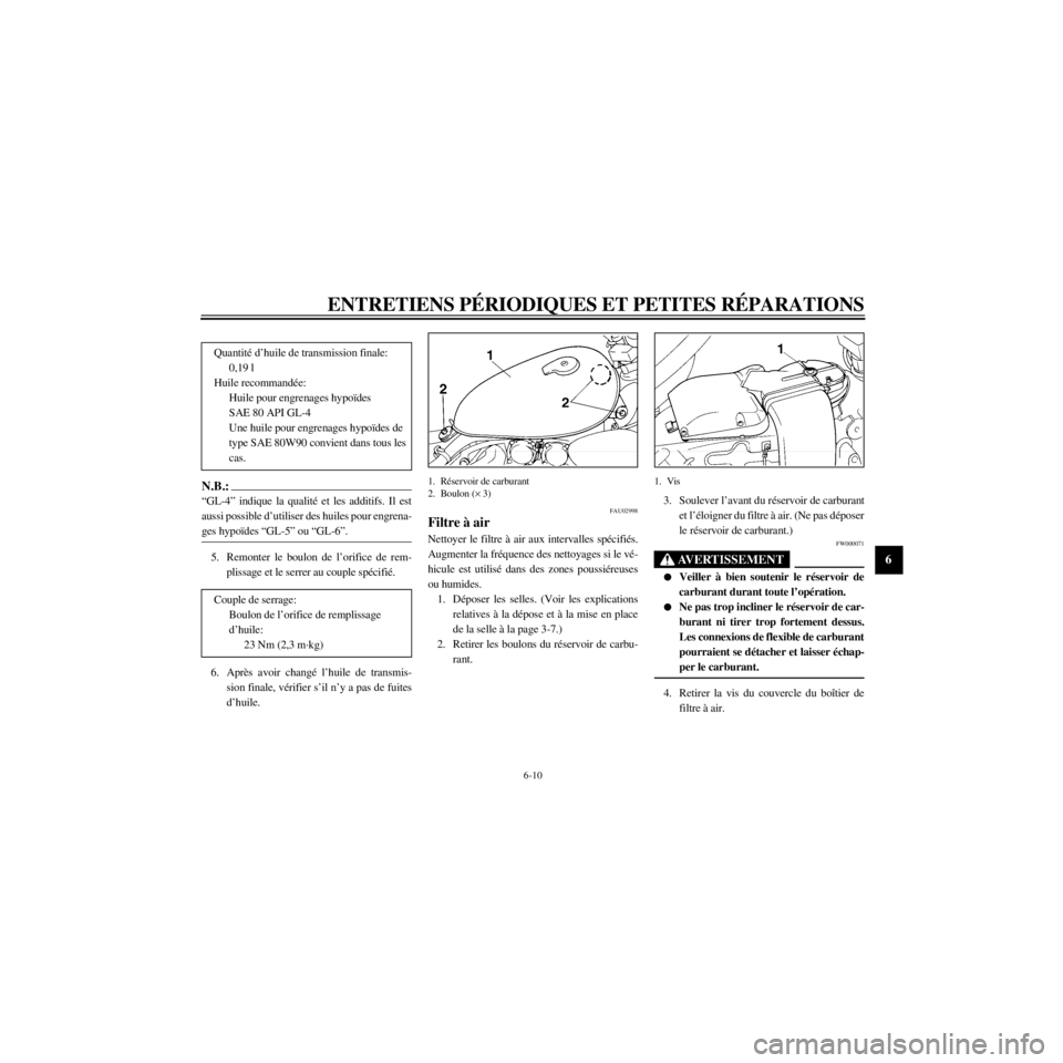 YAMAHA XV535 2000 Notices Demploi (in French) R
6-10
ENTRETIENS PƒRIODIQUES ET PETITES RƒPARATIONS
/Net/layout8/ForUsers_2/mac_user/Kayo/AA9150_XV535-F6/French/F-6.frame
N.B.:
ÒGL-4Ó indique la qualitŽ et les additifs. Il est
aussi possible YAMAHA XV535 2000 Notices Demploi (in French) R
6-10
ENTRETIENS PƒRIODIQUES ET PETITES RƒPARATIONS
/Net/layout8/ForUsers_2/mac_user/Kayo/AA9150_XV535-F6/French/F-6.frame
N.B.:
ÒGL-4Ó indique la qualitŽ et les additifs. Il est
aussi possible
