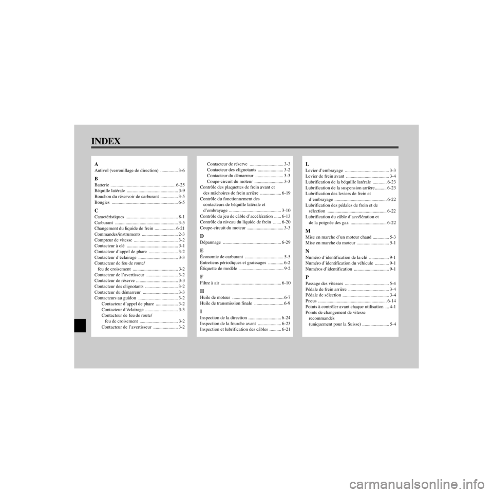 YAMAHA XV535 2000 Notices Demploi (in French) L
INDEX
/Net/layout8/ForUsers_2/mac_user/Kayo/AA9150_XV535-F6/French/FFIX.frame
A
Antivol (verrouillage de direction) ............... 3-6
B
Batterie .................................................. YAMAHA XV535 2000 Notices Demploi (in French) L
INDEX
/Net/layout8/ForUsers_2/mac_user/Kayo/AA9150_XV535-F6/French/FFIX.frame
A
Antivol (verrouillage de direction) ............... 3-6
B
Batterie ..................................................