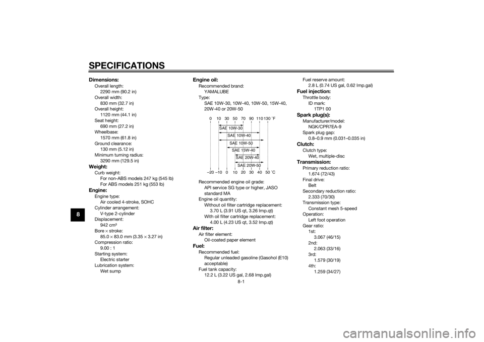 YAMAHA XV950 2014 Manual PDF SPECIFICATIONS
8-1
8
Dimensions:Overall length:2290 mm (90.2 in)
Overall width:
830 mm (32.7 in)
Overall height: 1120 mm (44.1 in)
Seat height: 690 mm (27.2 in)
Wheelbase:
1570 mm (61.8 in)
Ground cle YAMAHA XV950 2014 Manual PDF SPECIFICATIONS
8-1
8
Dimensions:Overall length:2290 mm (90.2 in)
Overall width:
830 mm (32.7 in)
Overall height: 1120 mm (44.1 in)
Seat height: 690 mm (27.2 in)
Wheelbase:
1570 mm (61.8 in)
Ground cle