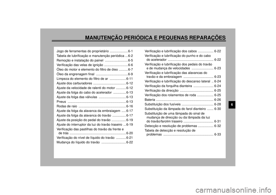 YAMAHA XVS1100A 2001 Manual de utilização (in Portuguese) MANUTENÇÃO PERIÓDICA E PEQUENAS REPARAÇÕES
6
Jogo de ferramentas do proprietário .................... 6-1
Tabela de lubrificação e manutenção periódica ... 6-2
Remoção e instalação do p YAMAHA XVS1100A 2001 Manual de utilização (in Portuguese) MANUTENÇÃO PERIÓDICA E PEQUENAS REPARAÇÕES
6
Jogo de ferramentas do proprietário .................... 6-1
Tabela de lubrificação e manutenção periódica ... 6-2
Remoção e instalação do p