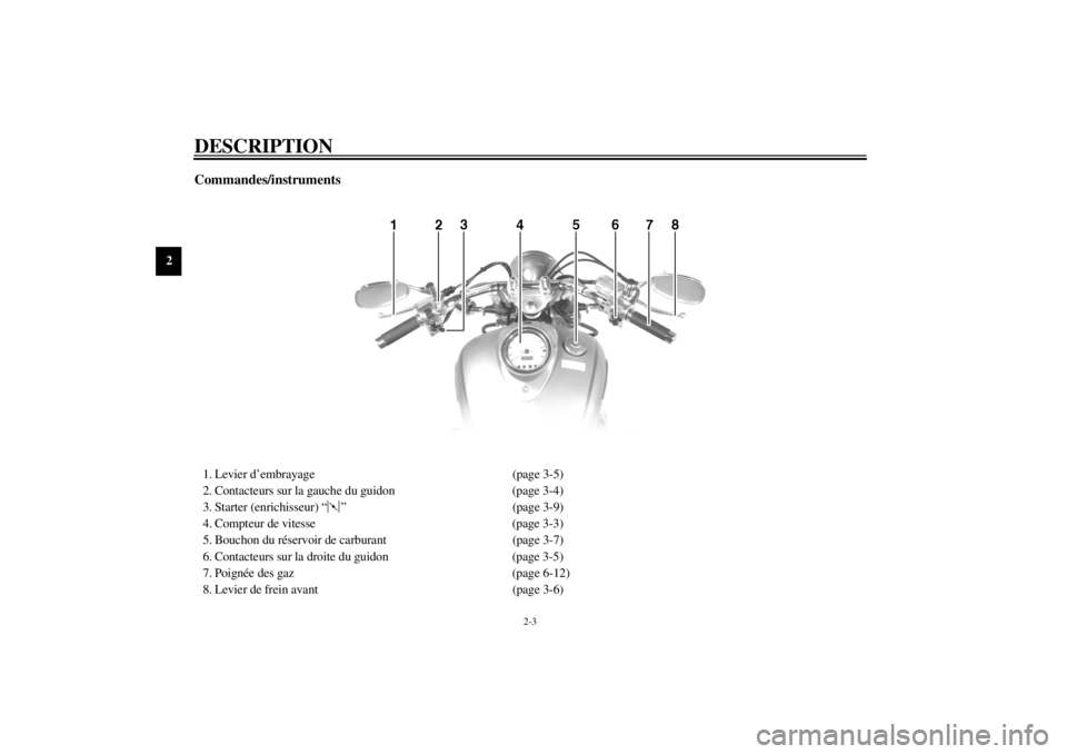 YAMAHA XVS1100 2000  Notices Demploi (in French) DESCRIPTION
2-3
2
Commandes/instruments 1. Levier d’embrayage (page 3-5)
2. Contacteurs sur la gauche du guidon (page 3-4)
3. Starter (enrichisseur) “ ” (page 3-9)
4. Compteur de vitesse (page 3