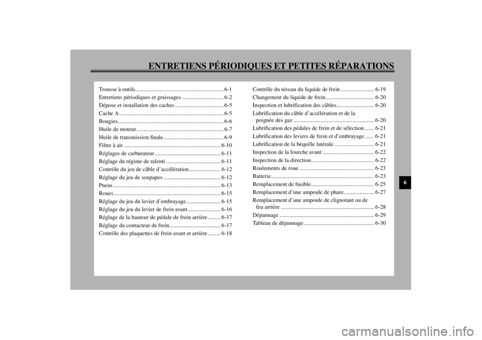 YAMAHA XVS1100 2000  Notices Demploi (in French) 6
ENTRETIENS PÉRIODIQUES ET PETITES RÉPARATIONS
Trousse à outils.............................................................. 6-1
Entretiens périodiques et graissages ............................