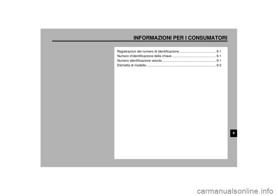 YAMAHA XVS1100 2000  Manuale duso (in Italian) 9
INFORMAZIONI PER I CONSUMATORI
Registrazioni del numero di identificazione ........................................ 9-1
Numero d’identificazione della chiave ......................................