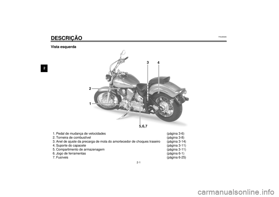 YAMAHA XVS1100 2000 Manual de utilização (in Portuguese) 2-1
2
PAU00026
2-DESCRIÇÃOVista esquerda1. Pedal de mudança de velocidades (página 3-6)
2. Torneira de combustível (página 3-8)
3. Anel de ajuste da precarga de mola do amortecedor de choques tr YAMAHA XVS1100 2000 Manual de utilização (in Portuguese) 2-1
2
PAU00026
2-DESCRIÇÃOVista esquerda1. Pedal de mudança de velocidades (página 3-6)
2. Torneira de combustível (página 3-8)
3. Anel de ajuste da precarga de mola do amortecedor de choques tr