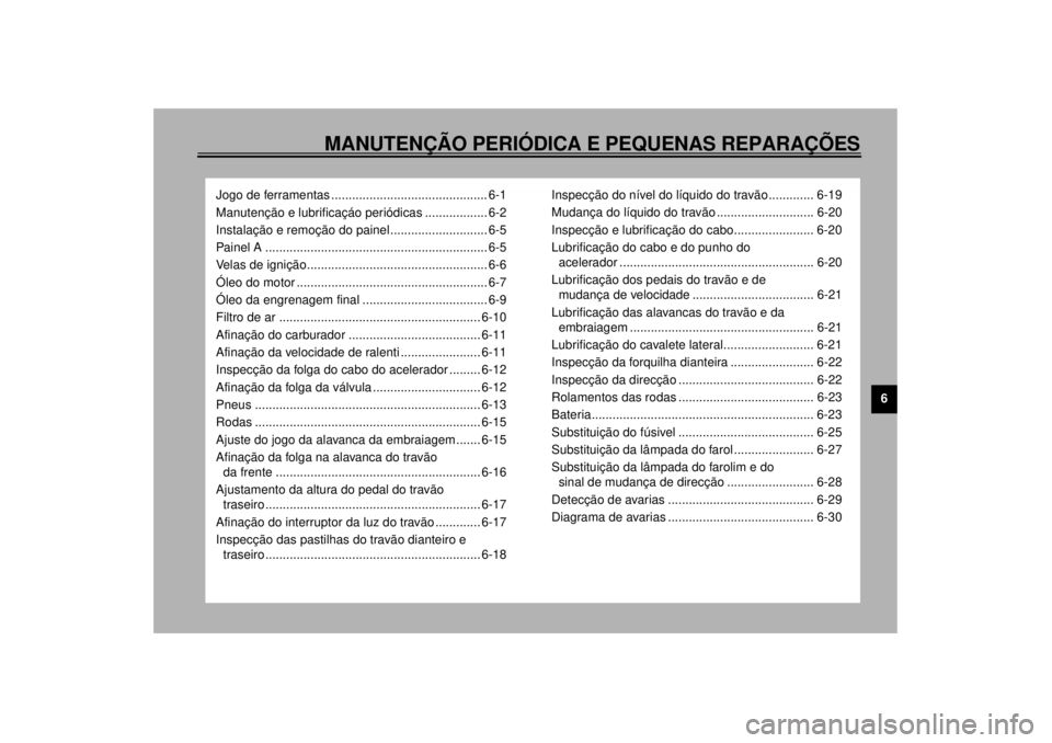 YAMAHA XVS1100 2000 Manual de utilização (in Portuguese) MANUTENÇÃO PERIÓDICA E PEQUENAS REPARAÇÕES
6
Jogo de ferramentas ............................................. 6-1
Manutenção e lubrificaçáo periódicas .................. 6-2
Instalação e YAMAHA XVS1100 2000 Manual de utilização (in Portuguese) MANUTENÇÃO PERIÓDICA E PEQUENAS REPARAÇÕES
6
Jogo de ferramentas ............................................. 6-1
Manutenção e lubrificaçáo periódicas .................. 6-2
Instalação e