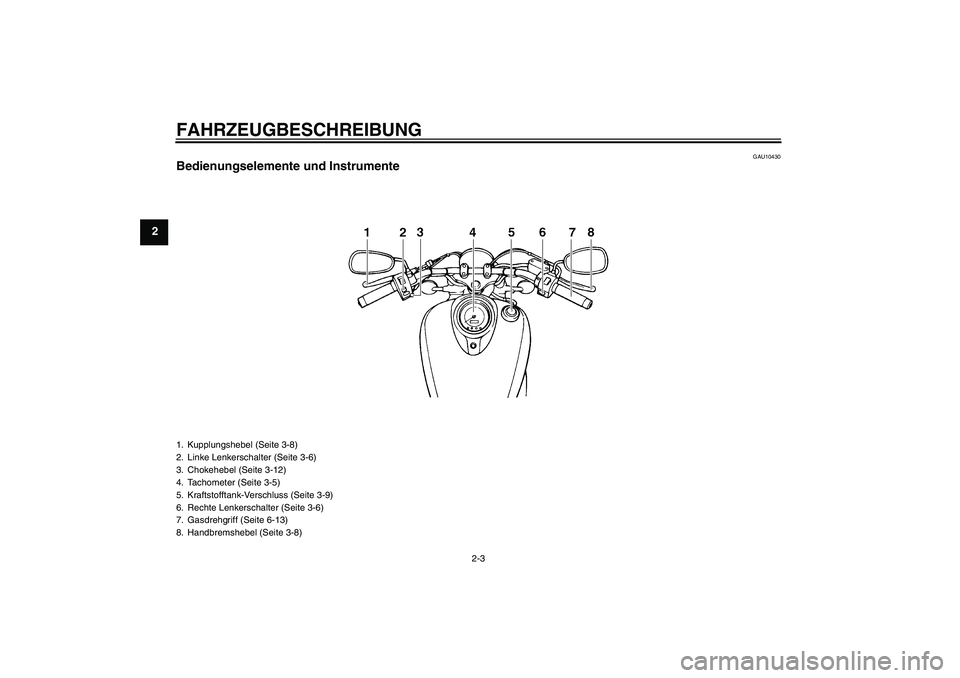 YAMAHA XVS1100A 2006  Betriebsanleitungen (in German) FAHRZEUGBESCHREIBUNG
2-3
2
GAU10430
Bedienungselemente und Instrumente1. Kupplungshebel (Seite 3-8)
2. Linke Lenkerschalter (Seite 3-6)
3. Chokehebel (Seite 3-12)
4. Tachometer (Seite 3-5)
5. Kraftsto