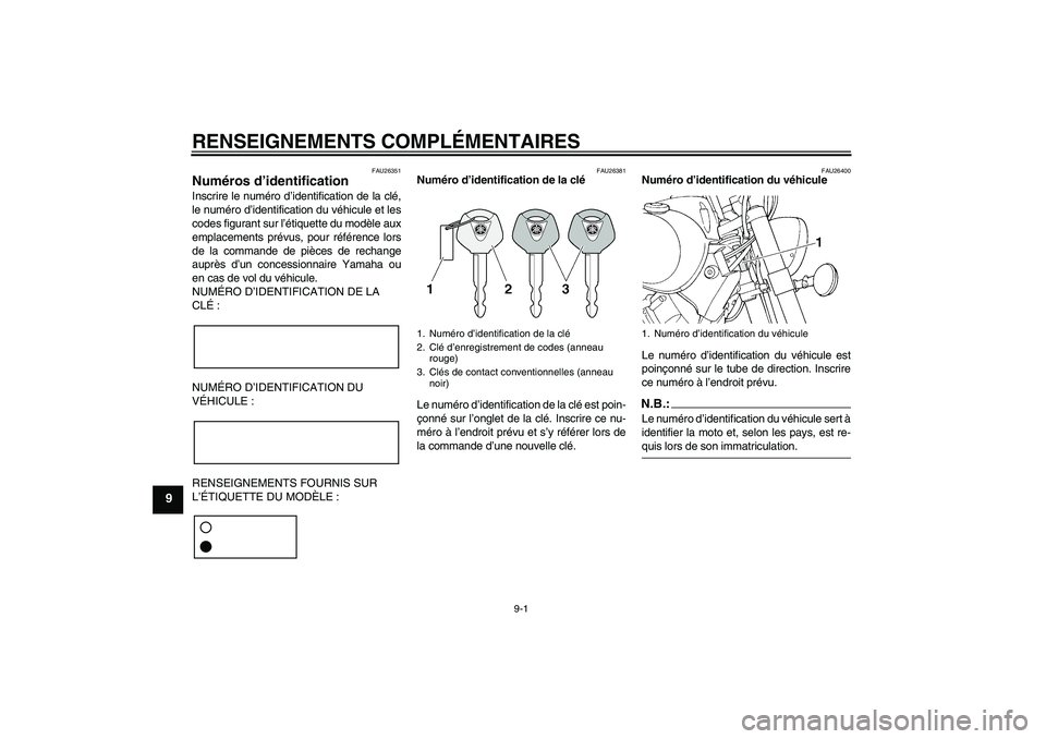 YAMAHA XVS1100A 2006 Notices Demploi (in French) RENSEIGNEMENTS COMPLÉMENTAIRES
9-1
9
FAU26351
Numéros d’identification Inscrire le numéro d’identification de la clé,
le numéro d’identification du véhicule et les
codes figurant sur l’ YAMAHA XVS1100A 2006 Notices Demploi (in French) RENSEIGNEMENTS COMPLÉMENTAIRES
9-1
9
FAU26351
Numéros d’identification Inscrire le numéro d’identification de la clé,
le numéro d’identification du véhicule et les
codes figurant sur l’