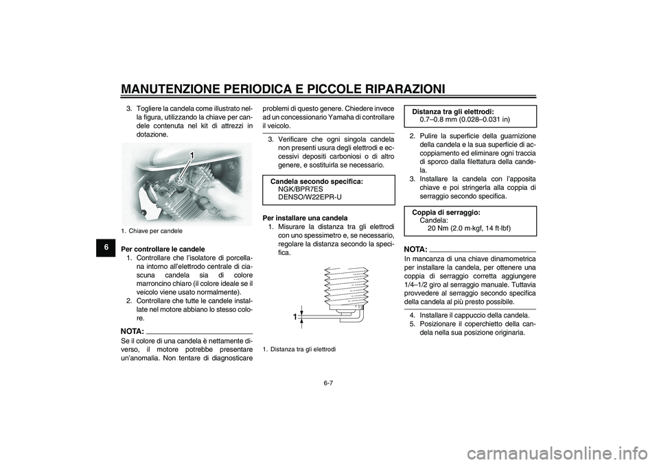 YAMAHA XVS1100A 2006  Manuale duso (in Italian) MANUTENZIONE PERIODICA E PICCOLE RIPARAZIONI
6-7
6
3. Togliere la candela come illustrato nel-
la figura, utilizzando la chiave per can-
dele contenuta nel kit di attrezzi in
dotazione.
Per controllar