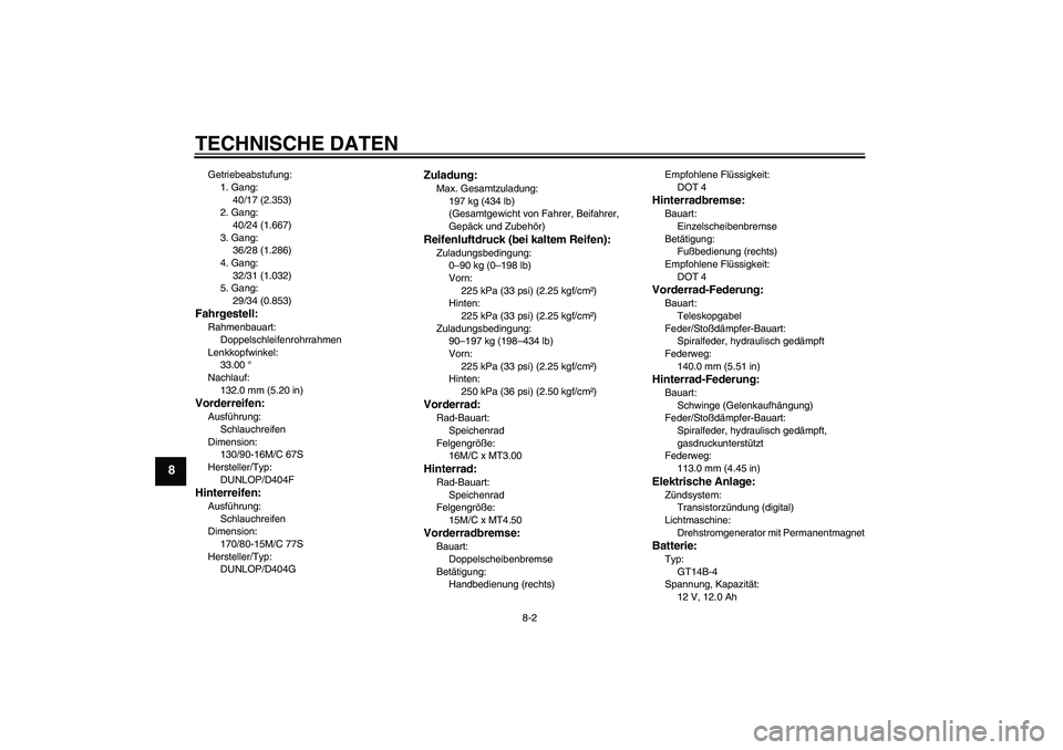 YAMAHA XVS1100A 2005  Betriebsanleitungen (in German) TECHNISCHE DATEN
8-2
8
Getriebeabstufung:
1. Gang:
40/17 (2.353)
2. Gang:
40/24 (1.667)
3. Gang:
36/28 (1.286)
4. Gang:
32/31 (1.032)
5. Gang:
29/34 (0.853)Fahrgestell:Rahmenbauart:
Doppelschleifenroh