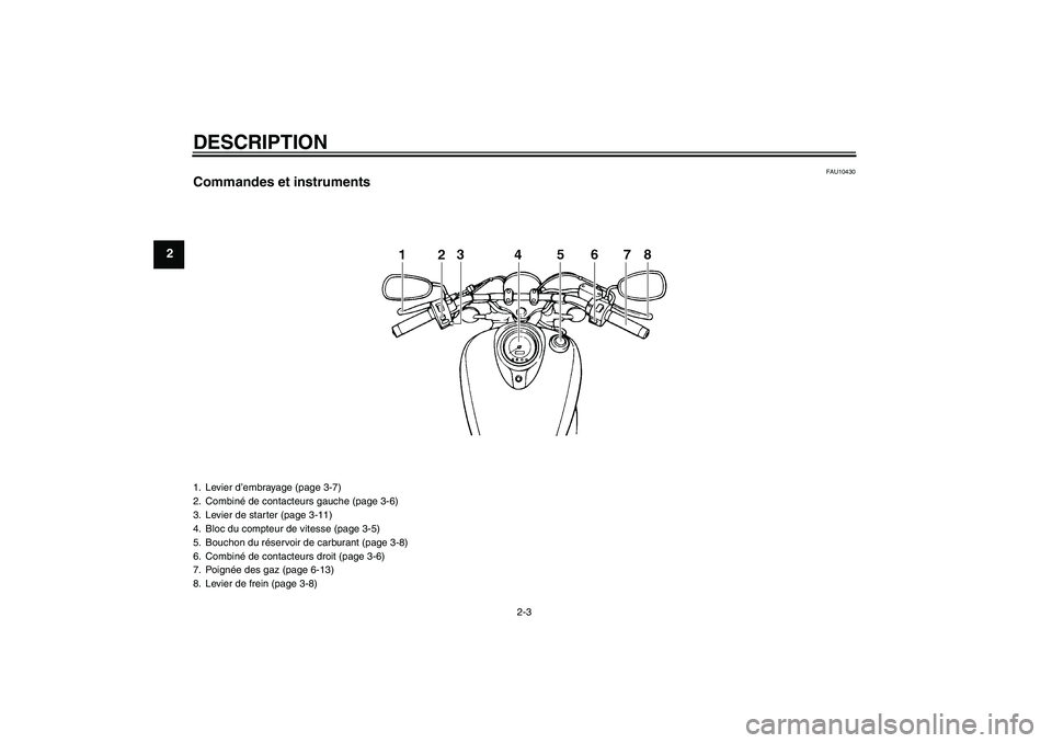 YAMAHA XVS1100A 2005  Notices Demploi (in French) DESCRIPTION
2-3
2
FAU10430
Commandes et instruments1. Levier d’embrayage (page 3-7)
2. Combiné de contacteurs gauche (page 3-6)
3. Levier de starter (page 3-11)
4. Bloc du compteur de vitesse (page