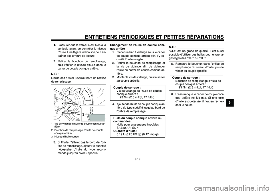 YAMAHA XVS1100A 2005  Notices Demploi (in French) ENTRETIENS PÉRIODIQUES ET PETITES RÉPARATIONS
6-10
6

S’assurer que le véhicule est bien à la
verticale avant de contrôler le niveau
d’huile. Une légère inclinaison peut en-traîner des er