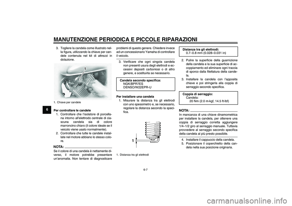 YAMAHA XVS1100A 2005  Manuale duso (in Italian) MANUTENZIONE PERIODICA E PICCOLE RIPARAZIONI
6-7
6
3. Togliere la candela come illustrato nel-
la figura, utilizzando la chiave per can-
dele contenuta nel kit di attrezzi in
dotazione.
Per controllar