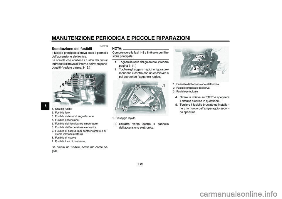 YAMAHA XVS1100A 2005  Manuale duso (in Italian) MANUTENZIONE PERIODICA E PICCOLE RIPARAZIONI
6-25
6
HAU27102
Sostituzione dei fusibili Il fusibile principale si trova sotto il pannello
dell’accensione elettronica.
La scatola che contiene i fusibi