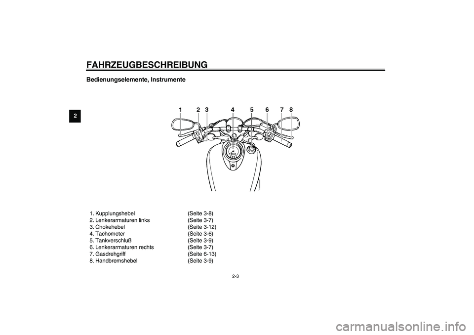 YAMAHA XVS1100A 2003  Betriebsanleitungen (in German) FAHRZEUGBESCHREIBUNG
2-3
2
Bedienungselemente, Instrumente1. Kupplungshebel (Seite 3-8)
2. Lenkerarmaturen links (Seite 3-7)
3. Chokehebel (Seite 3-12)
4. Tachometer (Seite 3-6)
5. Tankverschluß(Seit