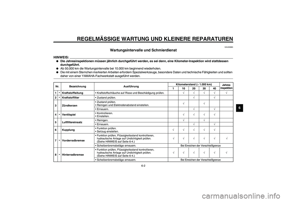 YAMAHA XVS1100A 2003  Betriebsanleitungen (in German) REGELMÄSSIGE WARTUNG UND KLEINERE REPARATUREN
6-2
6
GAU03685
Wartungsintervalle und Schmierdienst 
HINWEIS:_ 
Die Jahresinspektionen müssen jährlich durchgeführt werden, es sei denn, eine Kilomet