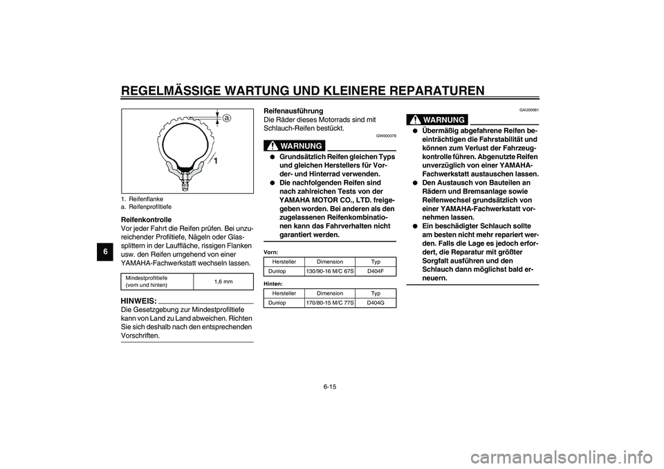 YAMAHA XVS1100A 2003  Betriebsanleitungen (in German) REGELMÄSSIGE WARTUNG UND KLEINERE REPARATUREN
6-15
6
Reifenkontrolle
Vor jeder Fahrt die Reifen prüfen. Bei unzu-
reichender Profiltiefe, Nägeln oder Glas-
splittern in der Lauffläche, rissigen Fl
