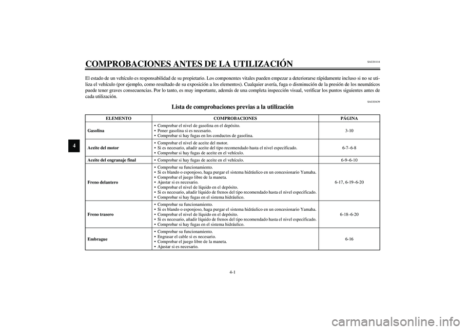 YAMAHA XVS1100A 2003 Manuale de Empleo (in Spanish) 4-1
4
SAU01114
4-COMPROBACIONES ANTES DE LA UTILIZACIÓNEl estado de un vehículo es responsabilidad de su propietario. Los componentes vitales pueden empezar a deteriorarse rápidamente incluso si no YAMAHA XVS1100A 2003 Manuale de Empleo (in Spanish) 4-1
4
SAU01114
4-COMPROBACIONES ANTES DE LA UTILIZACIÓNEl estado de un vehículo es responsabilidad de su propietario. Los componentes vitales pueden empezar a deteriorarse rápidamente incluso si no